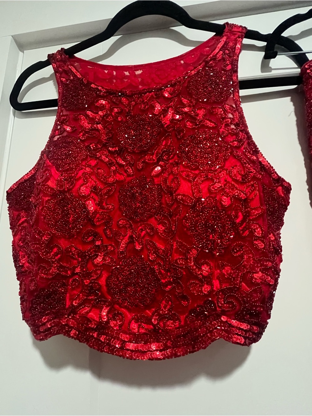 Primavera Couture Vibrant Red Sequin Beaded Two-Piece Mini Dress Crop Top Size 8 - Picture 4 of 16